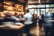 A blurry photo capturing a bustling restaurant scene with people sitting at tables. Perfect for illustrating a lively dining experience