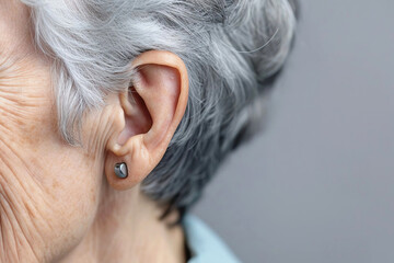 Close-up of an earring ear of an elderly gray-haired woman on a gray background. Generated AI