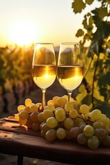Aufkleber - Two glasses of wine and a bunch of grapes on a table. Suitable for wine-related content and food and beverage concepts