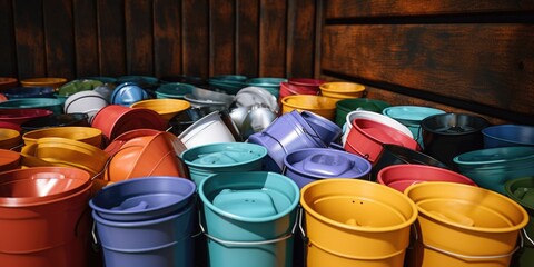 Poster - A collection of buckets sitting on a wooden floor. Versatile image that can be used for various purposes