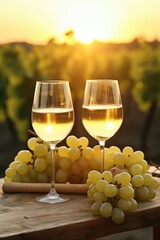 Poster - Two glasses of wine and a bunch of grapes on a table. Suitable for wine-related themes or food and beverage concepts