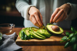 Fototapeta  - Hands slicing an avocado on a cutting board, half avocado with seed