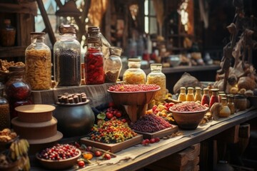 Poster - Various types of food displayed on a table. Perfect for food-related projects or culinary themes