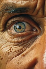 Wall Mural - A close-up image of a person's eye with visible wrinkles. This photo can be used to depict aging, beauty, or the effects of time