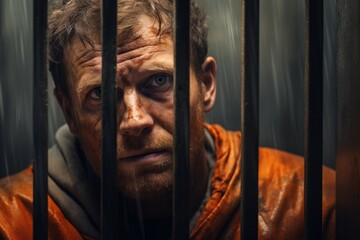 Poster - A man wearing an orange jacket is seen behind bars. This image can be used to depict imprisonment, confinement, or the justice system