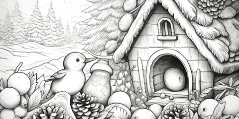Aufkleber - A black and white drawing of a bird outside a house. Suitable for various applications