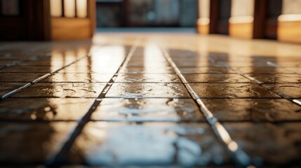 Poster - A picture of a wet floor with a building in the background. Suitable for architectural or construction themes