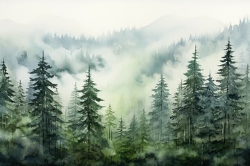 Poster - A beautiful painting depicting a dense forest filled with numerous trees. Perfect for nature enthusiasts and those seeking a serene and peaceful atmosphere.