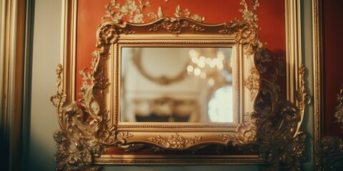 Poster - A gold framed mirror sitting on top of a wall. Perfect for adding elegance and sophistication to any space
