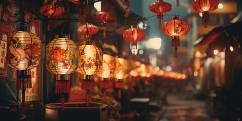 Poster - A street filled with lots of red lanterns hanging from the ceiling. Can be used to showcase a festive atmosphere or for cultural themes