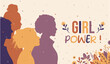 Vector banner - Girl power - International Women's Day - Soft and modern colors - Women silhouettes - Plant decor 