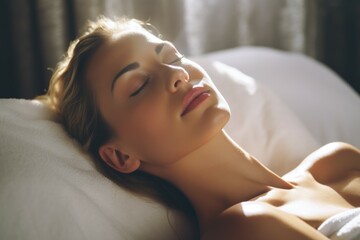 Aufkleber - A woman peacefully laying in bed with her eyes closed. Ideal for relaxation, sleep, and wellness concepts