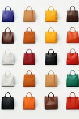 Aufkleber - A collection of various colored handbags placed on a clean white surface. Ideal for fashion-related projects and e-commerce websites