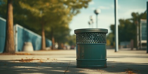 Poster - A trash can sitting on the side of a road. Suitable for depicting cleanliness, waste management, or urban environment