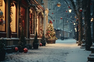 Poster - A picturesque snowy street adorned with beautiful Christmas lights and decorations. Perfect for adding a festive touch to any holiday project