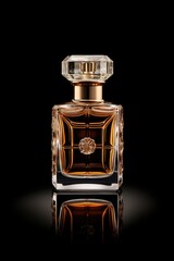 Poster - A bottle of perfume placed on a sleek black surface. This image can be used for advertising, beauty blogs, or product promotions