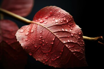 Poster - A vibrant red leaf covered in sparkling water droplets. Perfect for nature-themed projects or adding a pop of color to your designs