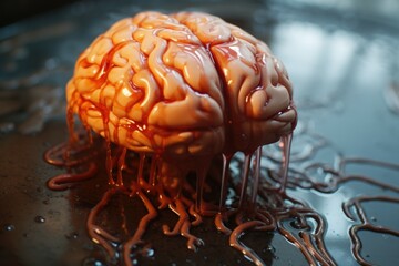 Poster - A close-up view of a brain placed on a table. This image can be used to depict scientific research, medical studies, or neuroscience concepts