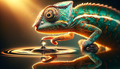 a vividly detailed chameleon gently touches a water droplet, creating ripples on a serene water surf