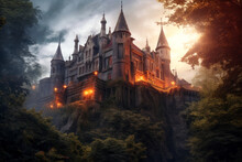 A Fantastic Gothic Castle On Top Of A Cliff Against The Backdrop Of Mountains And Forests.