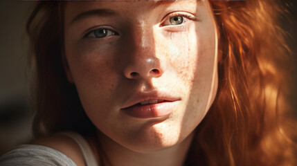 Wall Mural - Portrait of young tender redhead young girl with healthy freckled skin