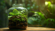 Terrarium in a jar composed of soil, pebbles, moss and fern, ai generative