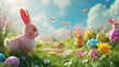 adorable bunnies and chicks engage in a friendly game of hopscotch amidst a meadow adorned with sparkling Easter eggs.