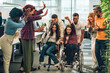 © Zamrznuti tonovi - Portrait of a diverse inclusive people having fun and racing on office chairs