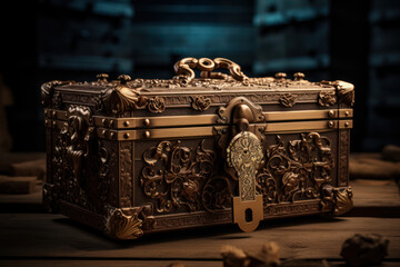 Poster - An ornate key unlocking a treasure chest signifies the discovery of valuable insights and solutions, embodying the concept of unlocking success through knowledge and innovation. Generative Ai.