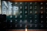 Fototapeta Boho - A neatly arranged row of file cabinets portrays the organizational order and systematic storage of information in an office. Generative Ai.