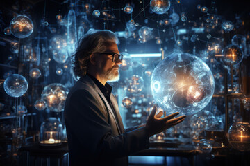 Poster - a scientist surrounded by floating molecules and scientific symbols against a laboratory backdrop, r