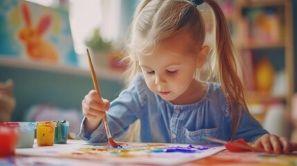 a young artist paints a picture with a cute easter bunny using watercolor paints