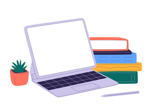 Illustration view of desk at home. Work from home on tablet with pencil and markers. Workspace office at home