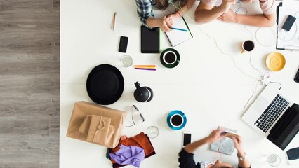 Aufkleber - Timelapse, business people and creative design in office with collaboration, paperwork and technology. Advertising, employees and brainstorming with top view for marketing meeting and teamwork