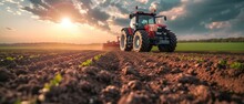 A Farmer In A Tractors And Harvester Working In The Field To Prepares The Ground . Agriculture Concept Suitable For Production. A Tractor On A Soybean Farm In The Spring Sunset. Generative Ai