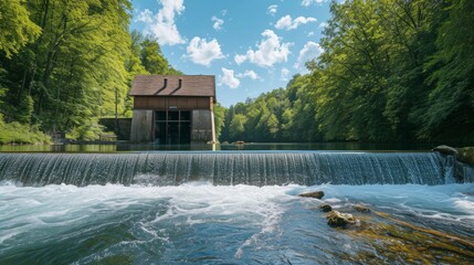 Sticker - Beautiful background with a water hydro station on the river. Sunny summer day