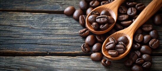 Wall Mural - Exquisite Coffee Bean and Wooden Spoons On Rustic Wood Background: A Perfect Blend of Coffee, Bean Elegance, and Wood Artistry