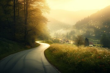 Wall Mural - Country road through a lush green valley at sunset