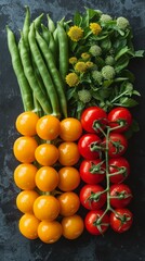 Wall Mural - Colorful vegetables. Green beans, yellow tomatoes, and red tomatoes are arranged in a row on a dark background.