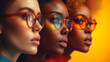 Fashionable trio of afro american women in vibrant glasses, displaying elegance and diversity in a colorful close-up portrait.
