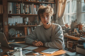 Sticker - Young male student with headphones sitting at a desk in a home office or library, looking at the camera.