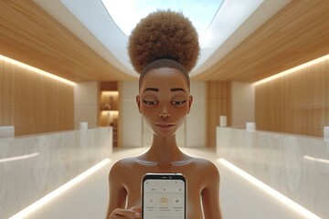 A woman of color using a smartphone in a modern spa