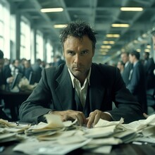 A Man In A Suit Is Sitting At A Desk In An Office, Surrounded By Papers.