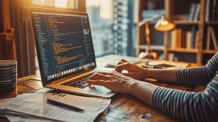 A software developer is coding on laptop in home office