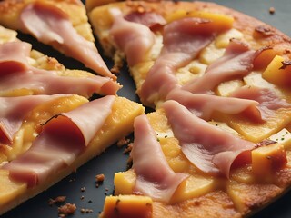 Wall Mural - Sliced Hawaiian pizza with ham and pineapple. Canadian bacon, cheese, pineapple slices. Close-up.