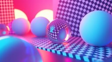 3D Rendering Of A Surreal Space With Floating Spheres And A Checkered Floor.