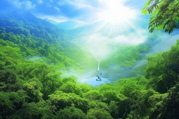 Wall Mural - Amazing green landscape with waterfall and mountains