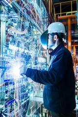 Wall Mural - technician wearing hardhat and safety glasses using futuristic interface