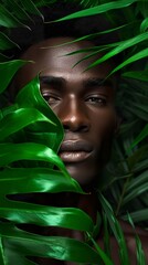 Wall Mural - Close-up portrait of an African-American male model with green tropical leaf. African-American man with natural beauty and connection to the environment.