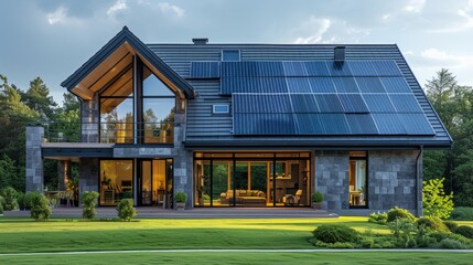 Modern English style house with solar panels on the roof